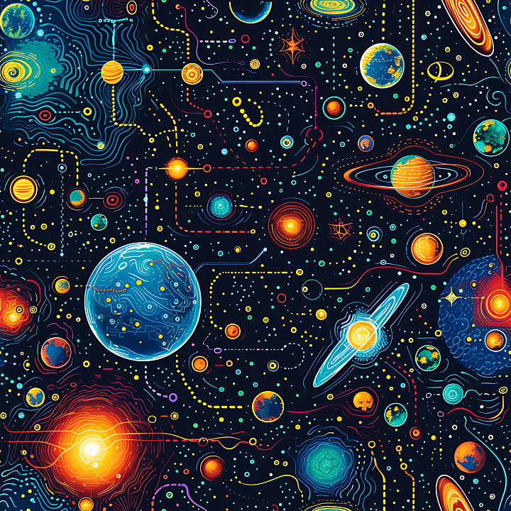 Stylized Space with Vibrant Planets & Cosmic Paths seamless PBR texture preview