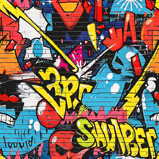 Seamless 3D PBR Texture of Vibrant Colorful Graffiti on Brick Wall with Bold Shapes