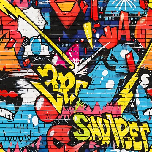 Seamless 3D PBR Texture of Vibrant Colorful Graffiti on Brick Wall with Bold Shapes texture preview