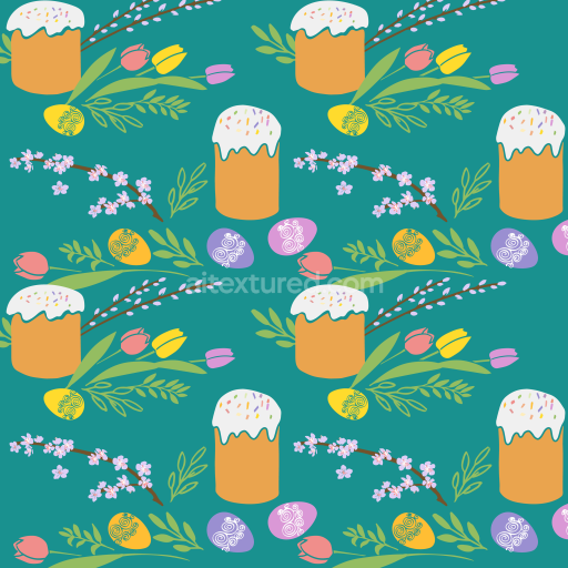 Seamless 3D PBR Digital Paper Texture Featuring Easter Cakes, Eggs & Floral Patterns