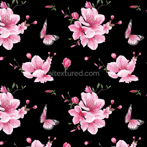Seamless 3D PBR Texture Featuring Delicate Pink Floral Blooms and Butterflies