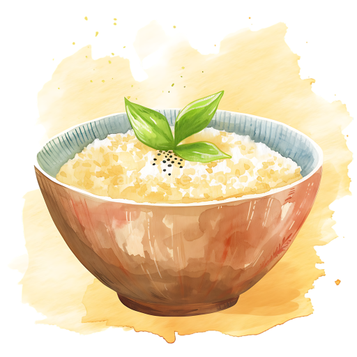 Watercolor Fonio Porridge Breakfast Bowl Illustration with Fresh Green Garnish