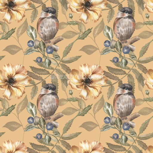 Seamless 3D PBR Texture with Watercolor Floral and Bird Motif on Warm Beige