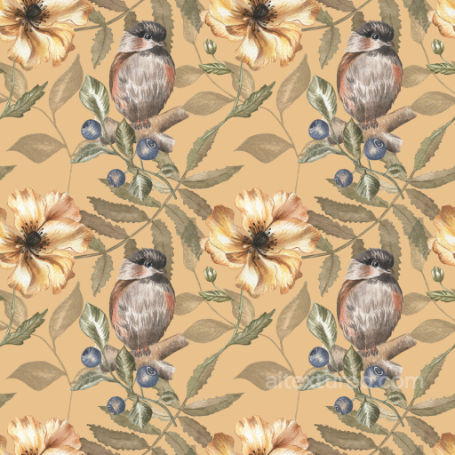 with Watercolor Floral and Bird Motif on Warm Beige seamless Floral  PBR texture