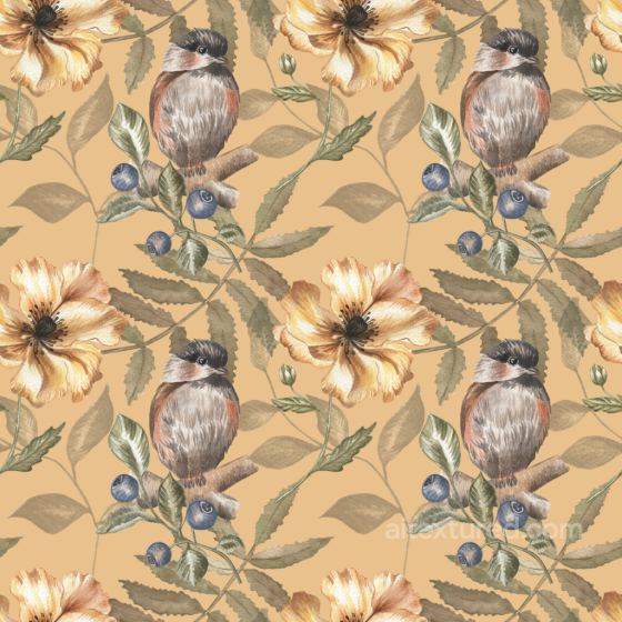with Watercolor Floral and Bird Motif on Warm Beige Floral texture preview
