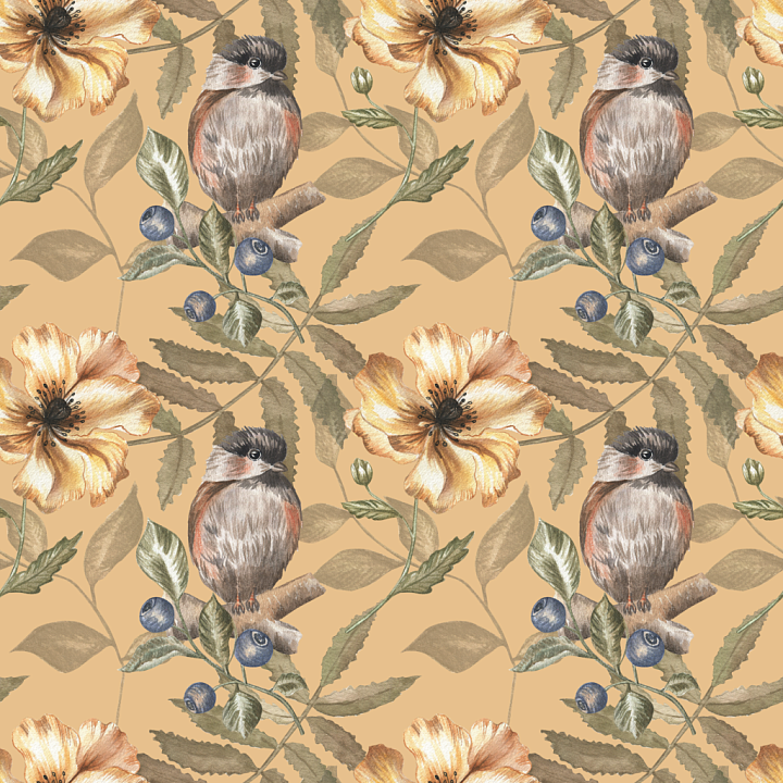 with Watercolor Floral and Bird Motif on Warm Beige seamless PBR texture preview