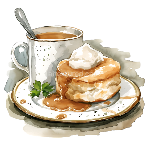 Watercolor Style Biscuit with Gravy and Hot Drink Breakfast Illustration