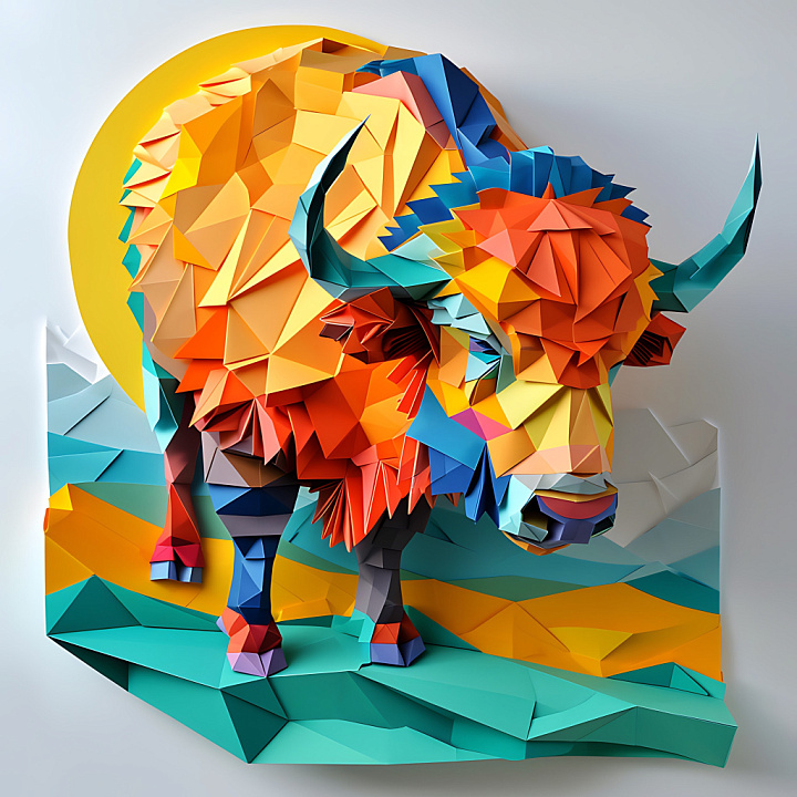 Animal of Vibrant Origami Buffalo with Geometric Facets seamless PBR texture preview