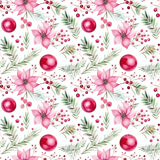 Christmas Digital Paper Texture with Pink Flowers and Red Berries seamless All Christmas Digital paper PBR texture