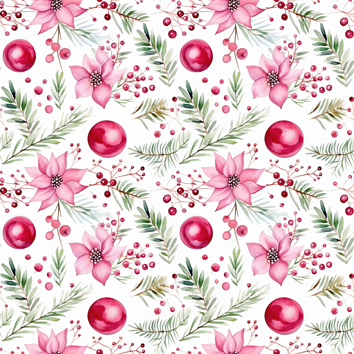 Christmas Floral Digital Paper with Pink Poinsettias & Greenery seamless PBR texture preview