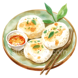 seamless Watercolor Illustration of Bangladeshi Pitha Rice Cakes Breakfast with Chutney and Leaves texture 8k free download PBR