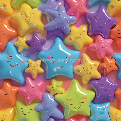 Seamless 3D Inflated PBR Texture of Colorful Puffy Vinyl Stars with Smiling Faces