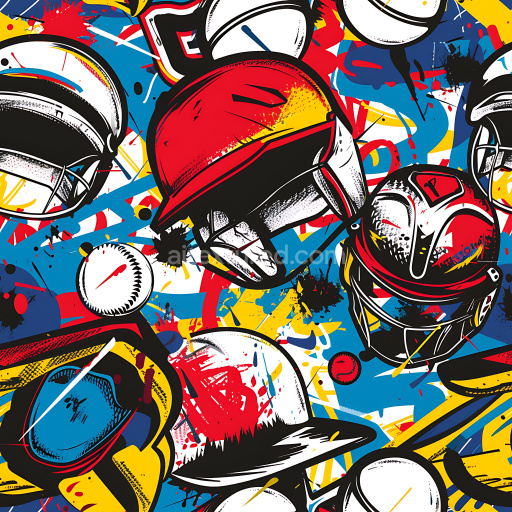Seamless 3D PBR texture featuring vibrant baseball helmets graffiti art