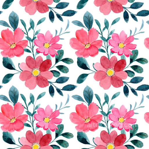 Pink Flower Watercolor Floral Fabric Texture with Leafy Pattern seamless Pink Flower PBR texture