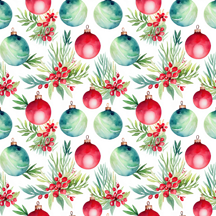 Watercolor Christmas Ornaments and Festive Greenery seamless PBR texture preview