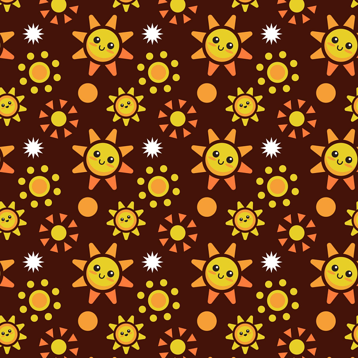 Featuring Playful Yellow Smiling Suns on Brown Background seamless PBR texture preview