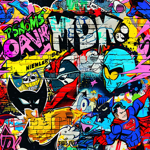 Seamless 3D PBR Texture Featuring Bright Urban Graffiti with Comic Style