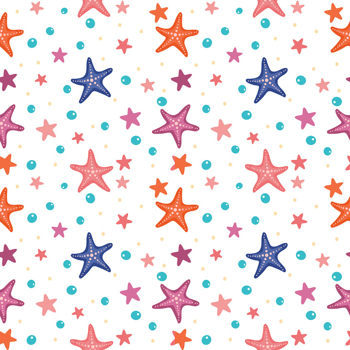 Pattern with Colorful Starfish and Bubble Motifs seamless PBR texture preview