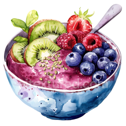 seamless Watercolor Acai Berry Bowl Breakfast Graphic with Kiwi and Berries texture 8k free download PBR