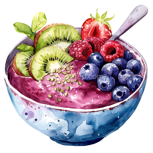 Watercolor Acai Berry Bowl Breakfast Graphic with Kiwi and Berries