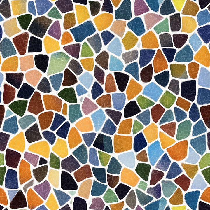 Ceramic Mosaic with Irregular Multicolor Glossy Tiles seamless PBR texture preview