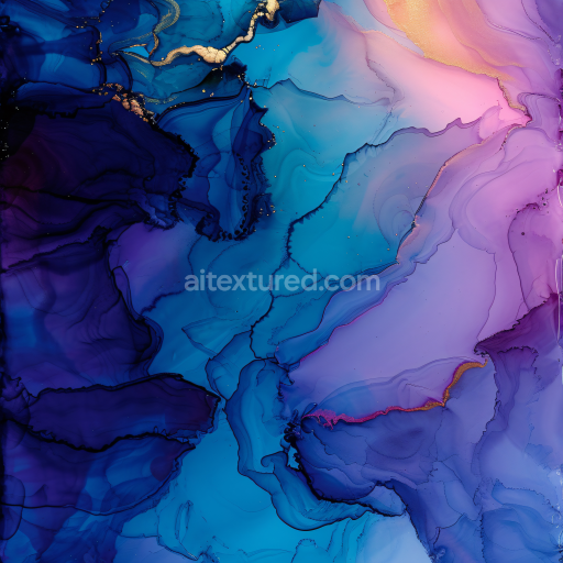 Seamless 3D Alcohol Ink PBR Texture Featuring Dynamic Blue and Violet Fluid Swirls with Gold Veins