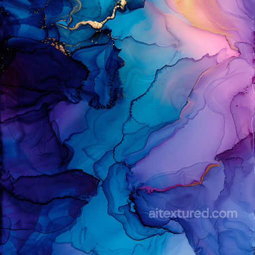Alcohol Ink PBR Texture Featuring Dynamic Blue and Violet Fluid Swirls with Gold Veins seamless Alcohol ink PBR texture