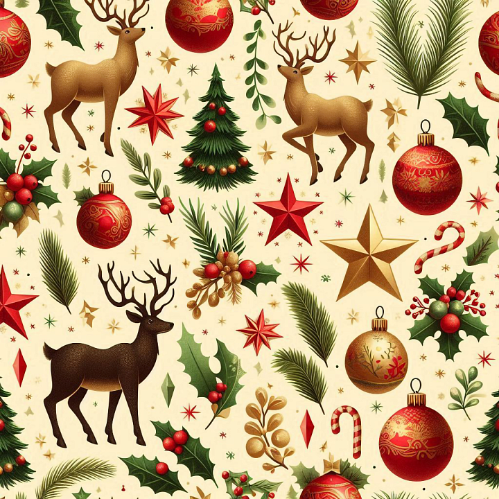 Christmas Vintage Holiday Fabric with Reindeer and Ornaments seamless PBR texture preview