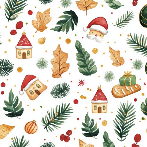 Christmas Watercolor Fabric Texture with Festive Leaves and Decorations seamless Christmas Watercolor PBR texture