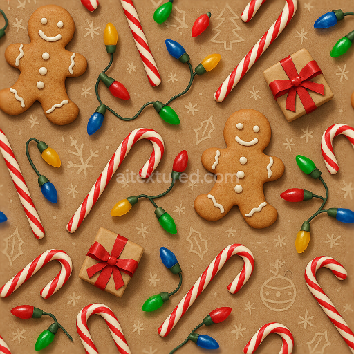Seamless 3d texture pbr 8k gingerbread candy canes christmas lights wrapping paper