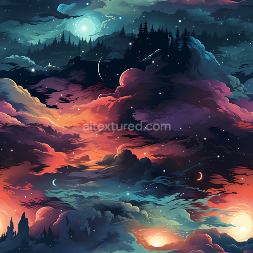 Seamless 3D Space PBR Texture Featuring Vibrant Cosmic Nebula Clouds and Celestial Highlights