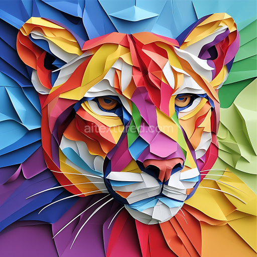 Seamless 3D PBR Texture of Abstract Cougar Origami with Vibrant Multicolor Layers