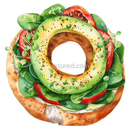 Watercolor Style Avocado Bagel Breakfast with Sprouts and Tomatoes