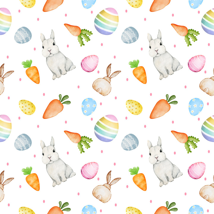 Pattern Featuring Watercolor Easter Bunnies and Eggs seamless PBR texture preview