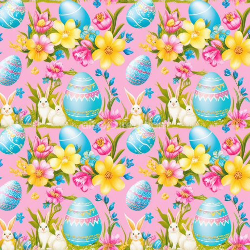 Seamless 3D PBR Texture Featuring Blue Easter Eggs, Rabbits & Floral Motifs