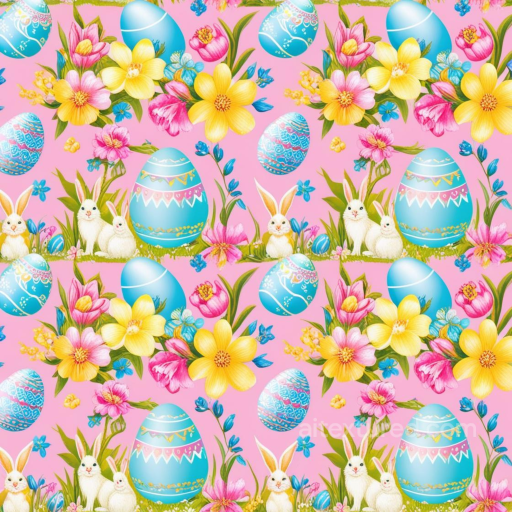 Easter Digital Paper Texture with Blue Eggs, Rabbits, and Flowers seamless All Easter Digital paper PBR texture