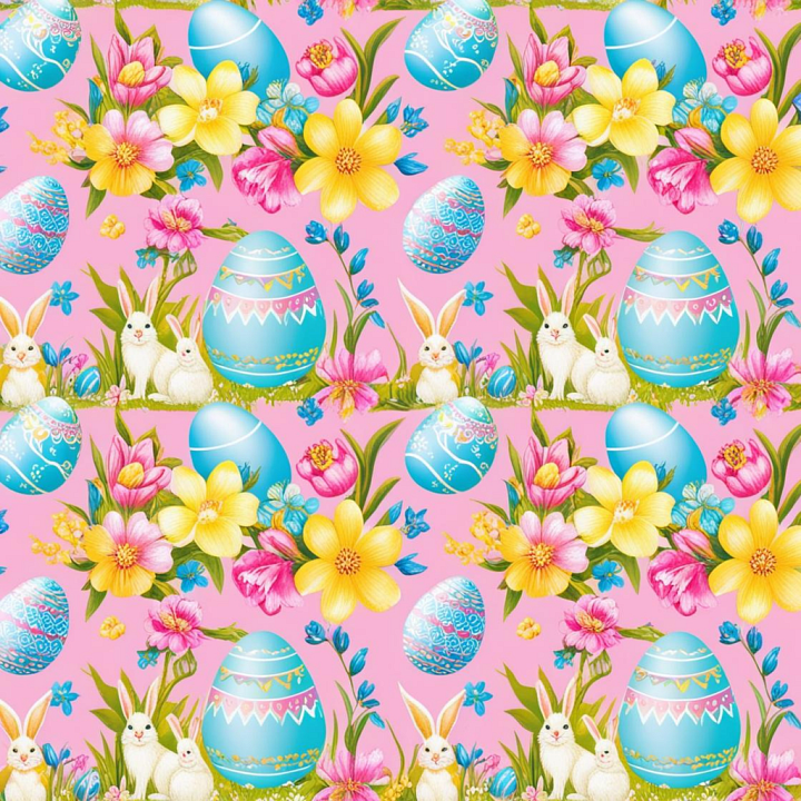 Featuring Blue Easter Eggs, Rabbits & Floral Motifs seamless PBR texture preview