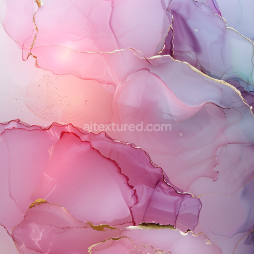 Seamless 3D Alcohol Ink PBR Texture Featuring Soft Pink and Purple Translucent Layers with Elegant Gold Veins