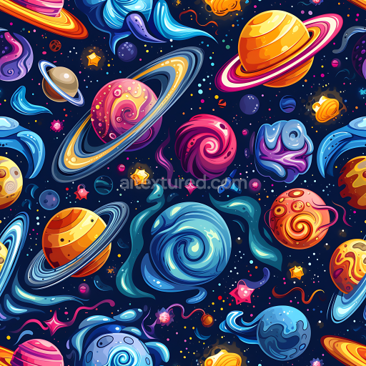 Seamless 3D Space PBR Texture with Colorful Cartoon Planets and Swirling Nebulae