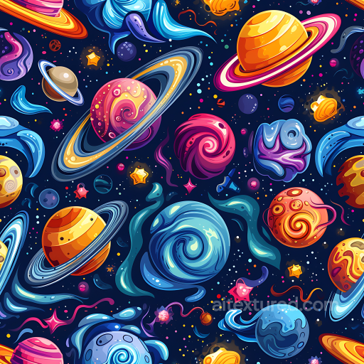 Space PBR Texture with Colorful Cartoon Planets and Swirling Nebulae seamless Star, space, planets PBR texture