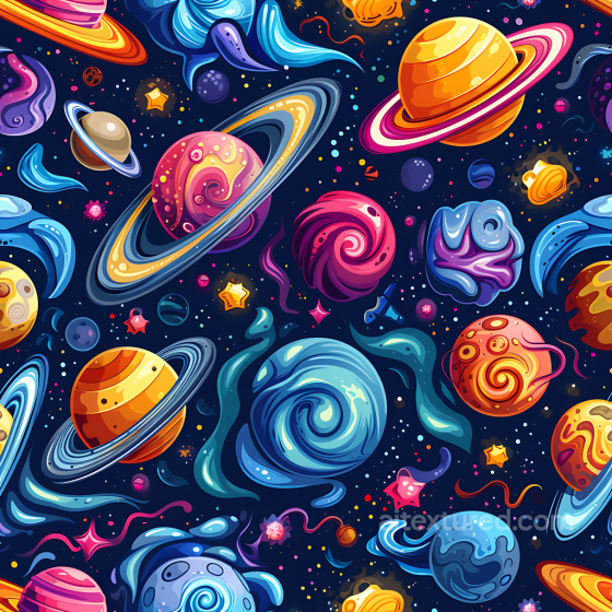 Space PBR Texture with Colorful Cartoon Planets and Swirling Nebulae Star, space, planets texture preview