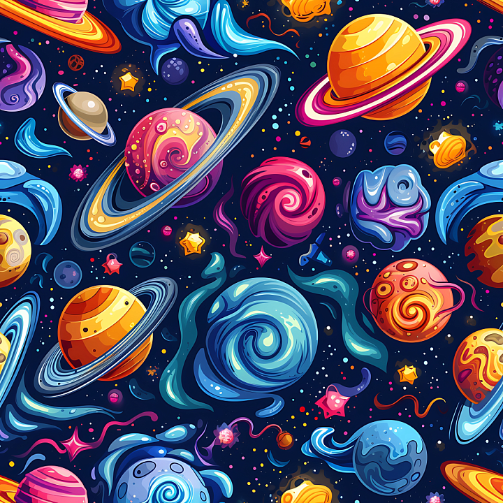 Space with Colorful Cartoon Planets and Swirling Nebulae seamless PBR texture preview