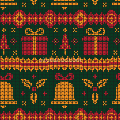 Seamless 3D PBR texture of knitted Christmas pattern with bells, gifts, and trees