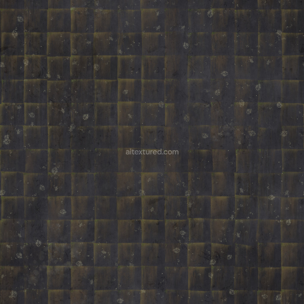 Seamless PBR roofing tiles texture with a dark, weathered look