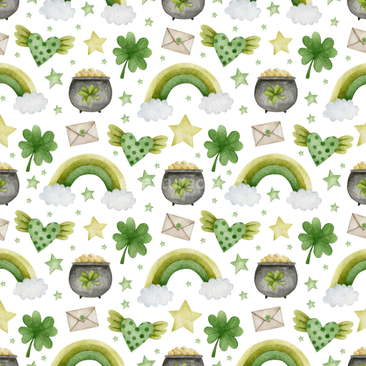 Preview — Seamless 3D PBR Watercolor St Patrick Digital Paper Texture with Rainbows & Shamrocks