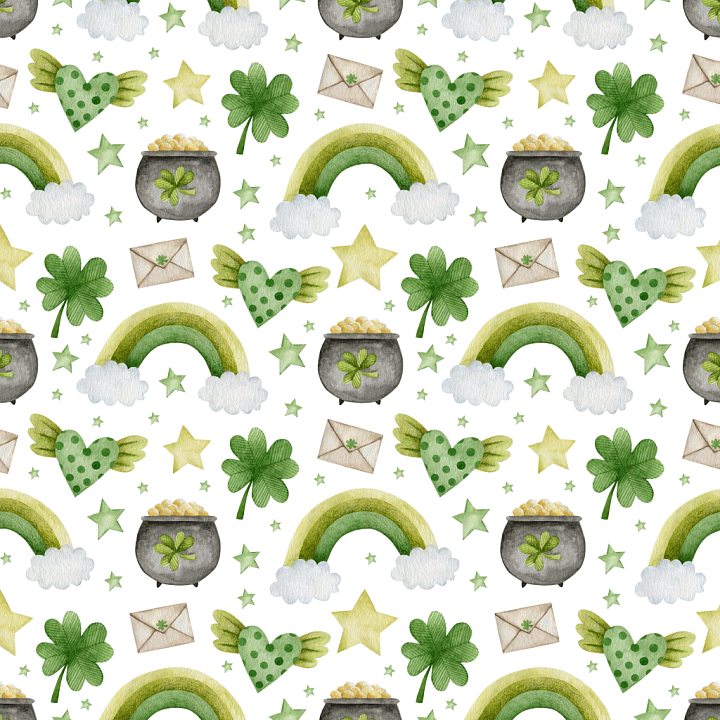 Watercolor St Patrick Digital Paper with Rainbows & Shamrocks seamless PBR texture preview