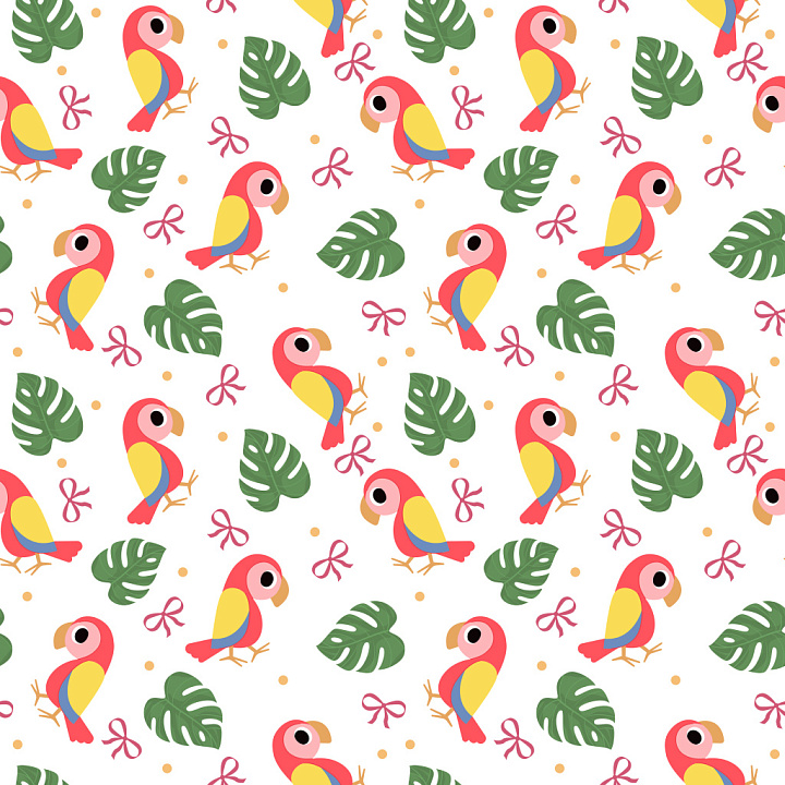 Pattern Featuring Stylized Colorful Parrots and Tropical Leaves seamless PBR texture preview