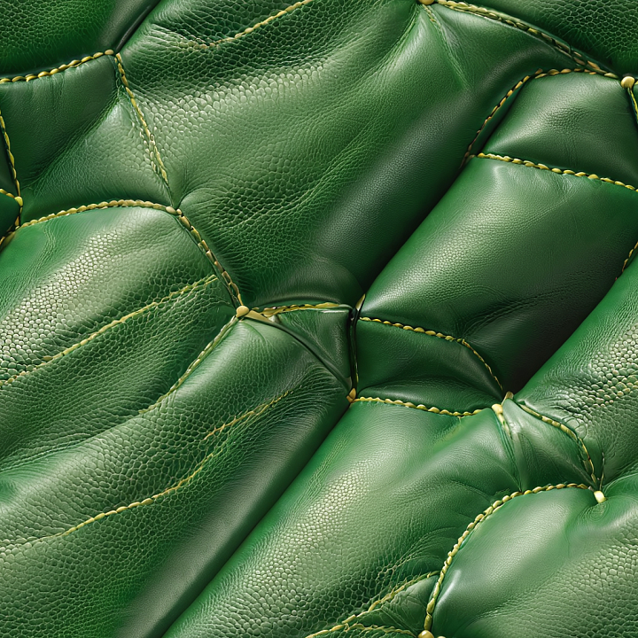 Green Quilted Leather with Pebbled Grain and Padded Stitching seamless PBR texture preview