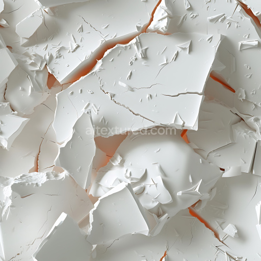Seamless 3D Cracked Plaster PBR Texture Featuring Jagged White Fragments and Orange Underlayer