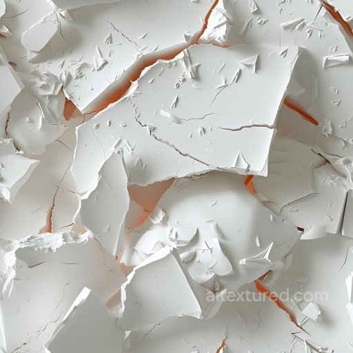 Cracked Plaster PBR Texture Featuring Jagged White Fragments and Orange Underlayer seamless Cracked & Holes PBR texture
